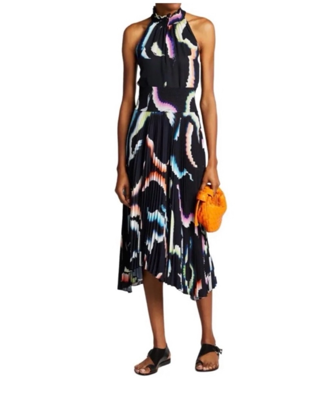 A.L.C. Black Halter High-Low Pleated Dress with Multicolor Wave Print